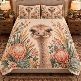 Ostrich Botanical Portrait Quilt Set, Farmhouse Bedding Gift for Animal Lovers