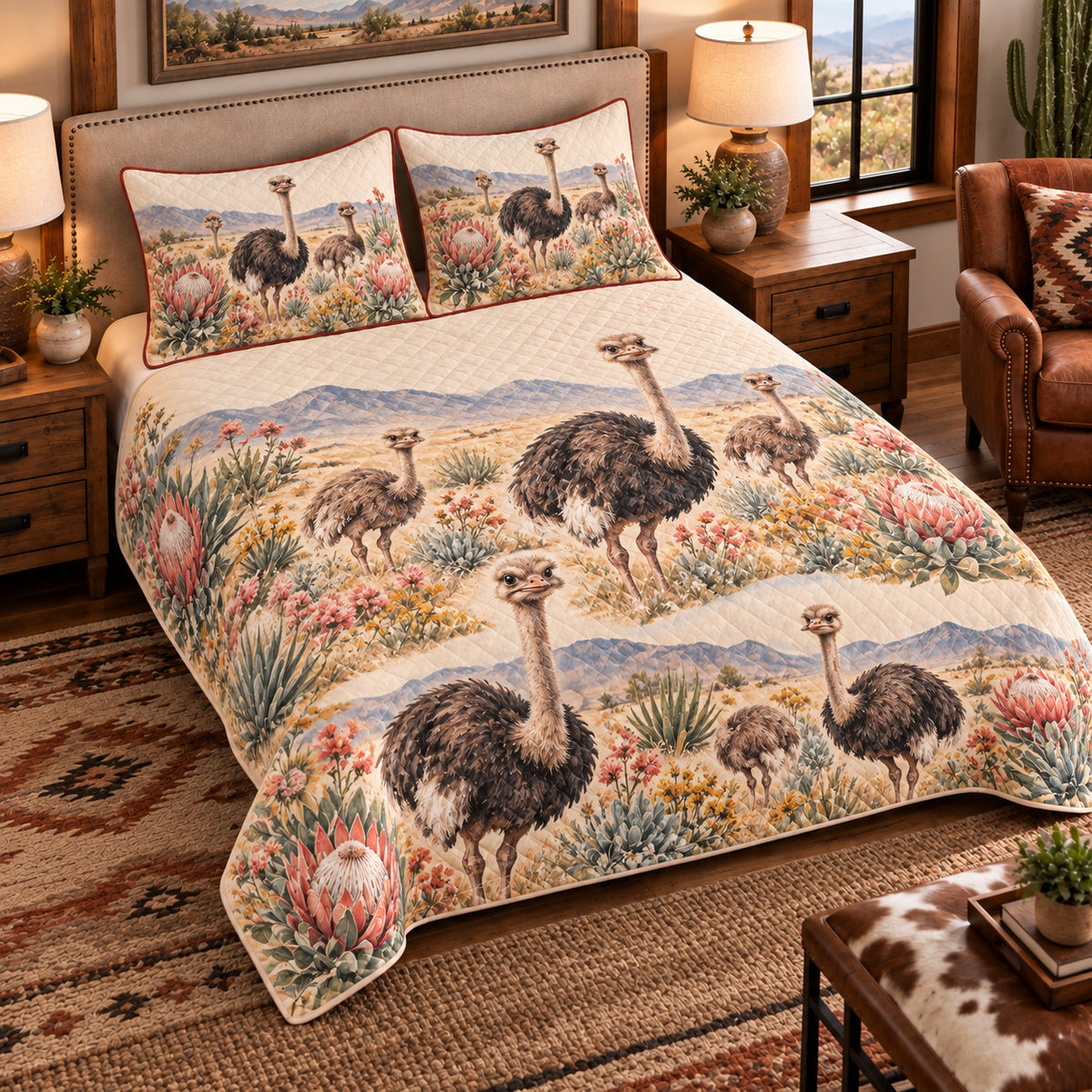 Ostrich Wildflower Meadow quilt set — left angle hero