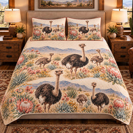 Ostrich Wildflower Meadow Quilt Set, Farmhouse Bedding Gift for Animal Lovers
