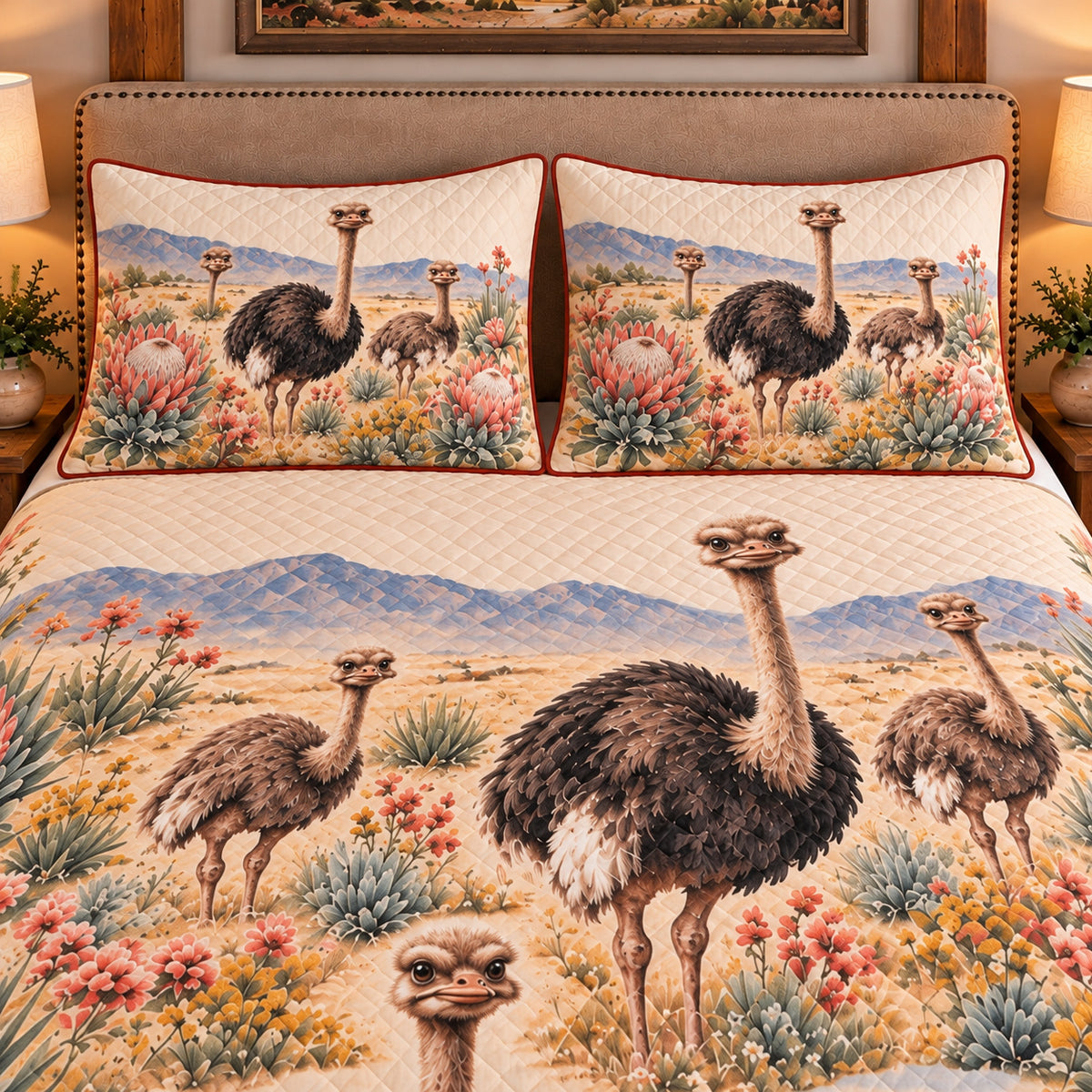 Ostrich Wildflower Meadow quilt set — close-up