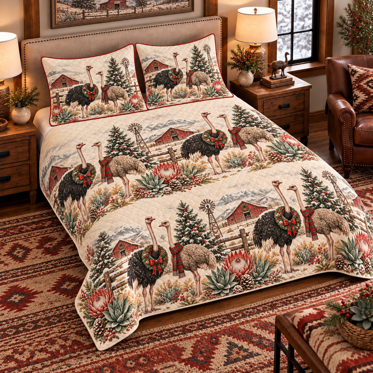 Ostrich Christmas Farm quilt set — left angle hero
