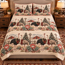 Ostrich Christmas Farm Quilt Set, Farmhouse Bedding Gift for Animal Lovers