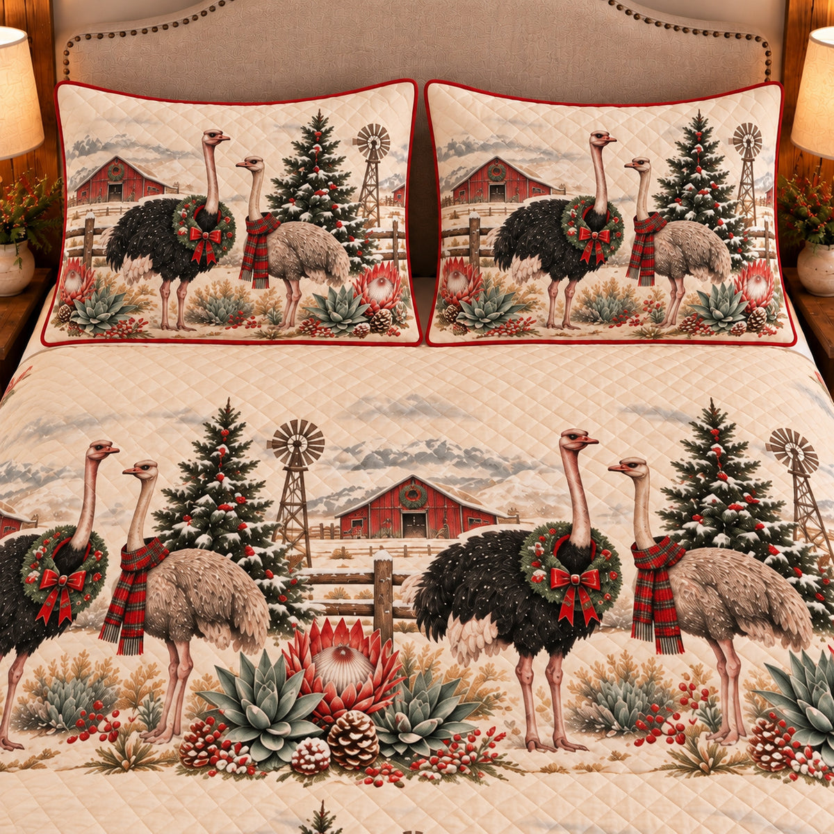 Ostrich Christmas Farm quilt set — close-up