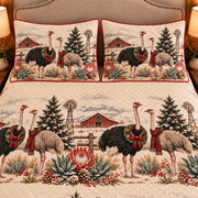 Ostrich Christmas Farm quilt set — close-up