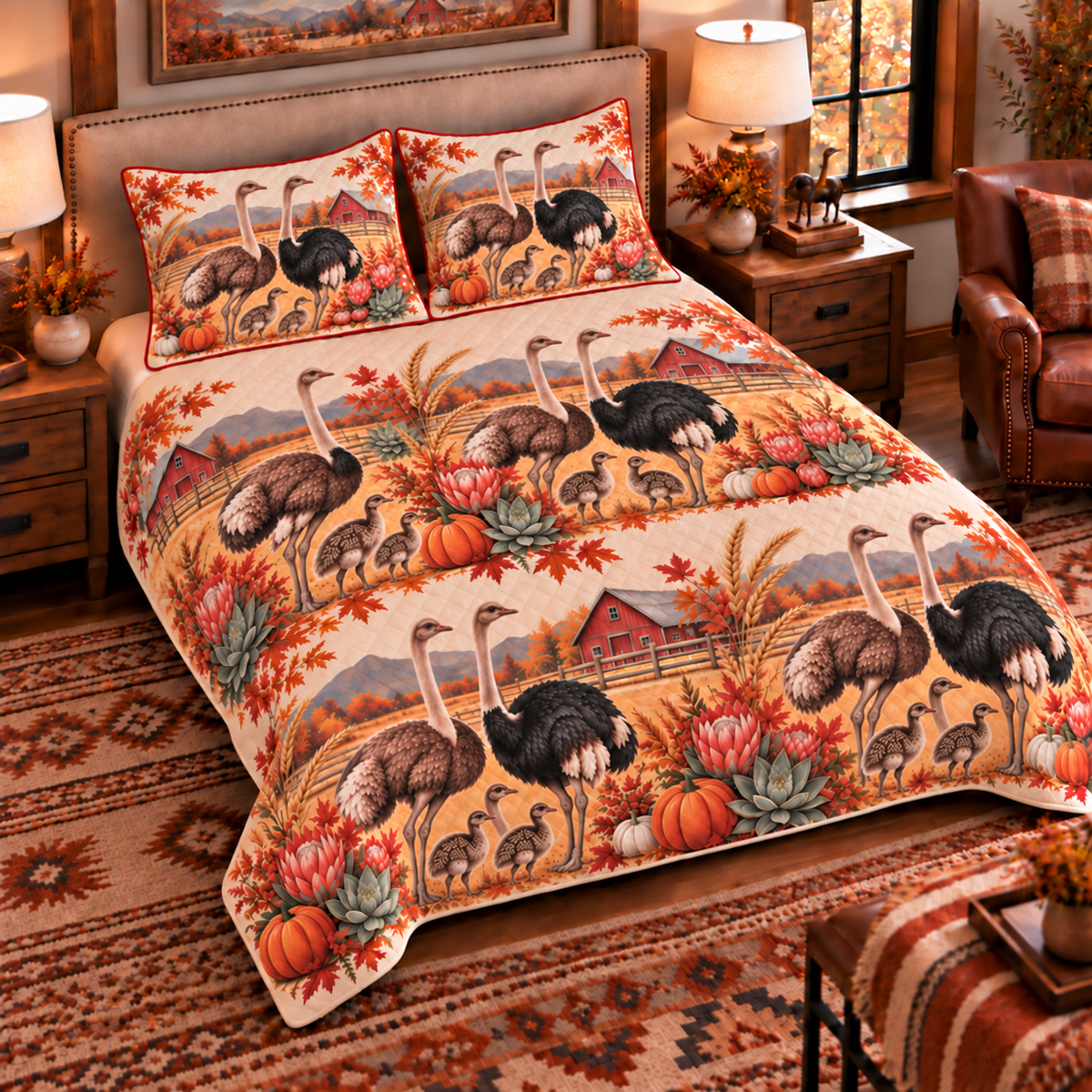 Ostrich Autumn Harvest quilt set — left angle hero