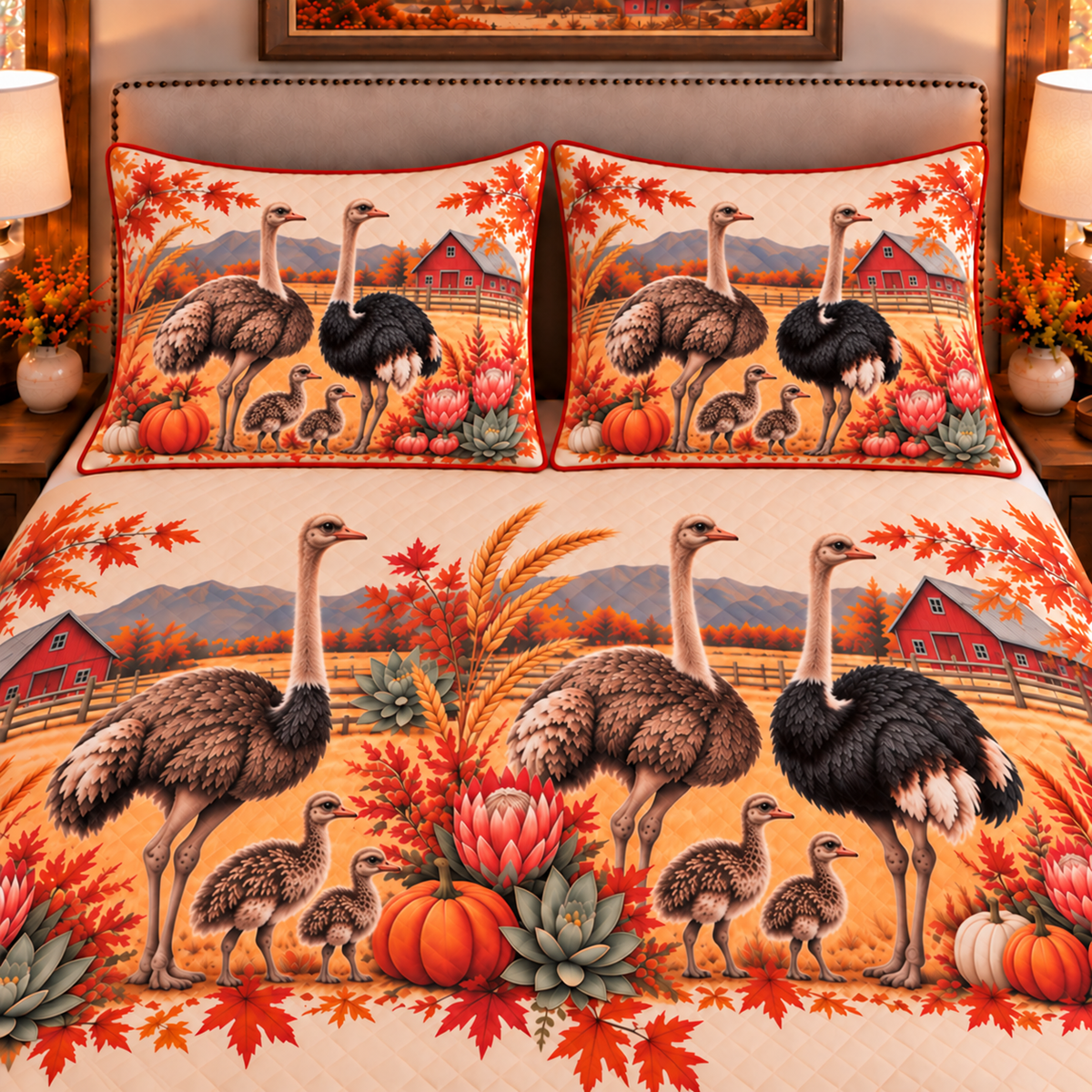 Ostrich Autumn Harvest quilt set — close-up