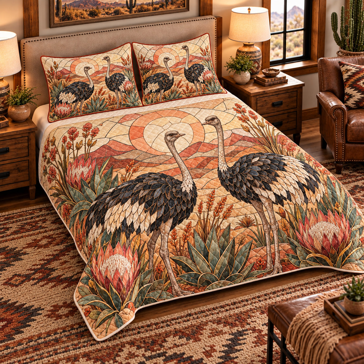 Ostrich Stained Glass Garden quilt set — left angle hero