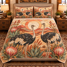 Ostrich Stained Glass Garden Quilt Set, Farmhouse Bedding Gift for Animal Lovers