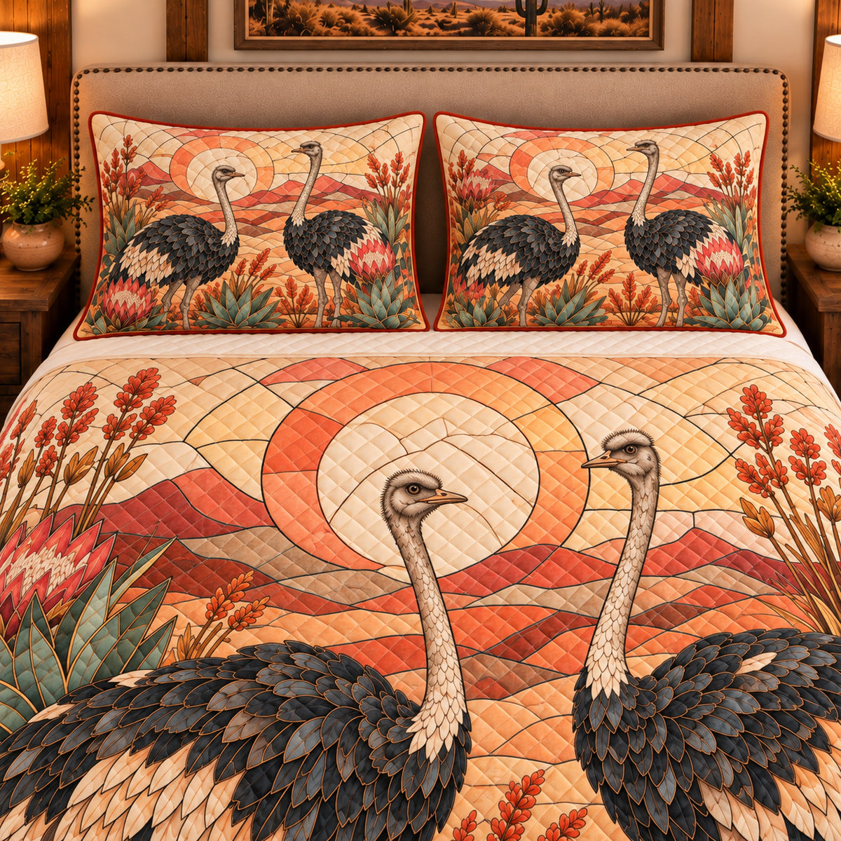 Ostrich Stained Glass Garden quilt set — close-up
