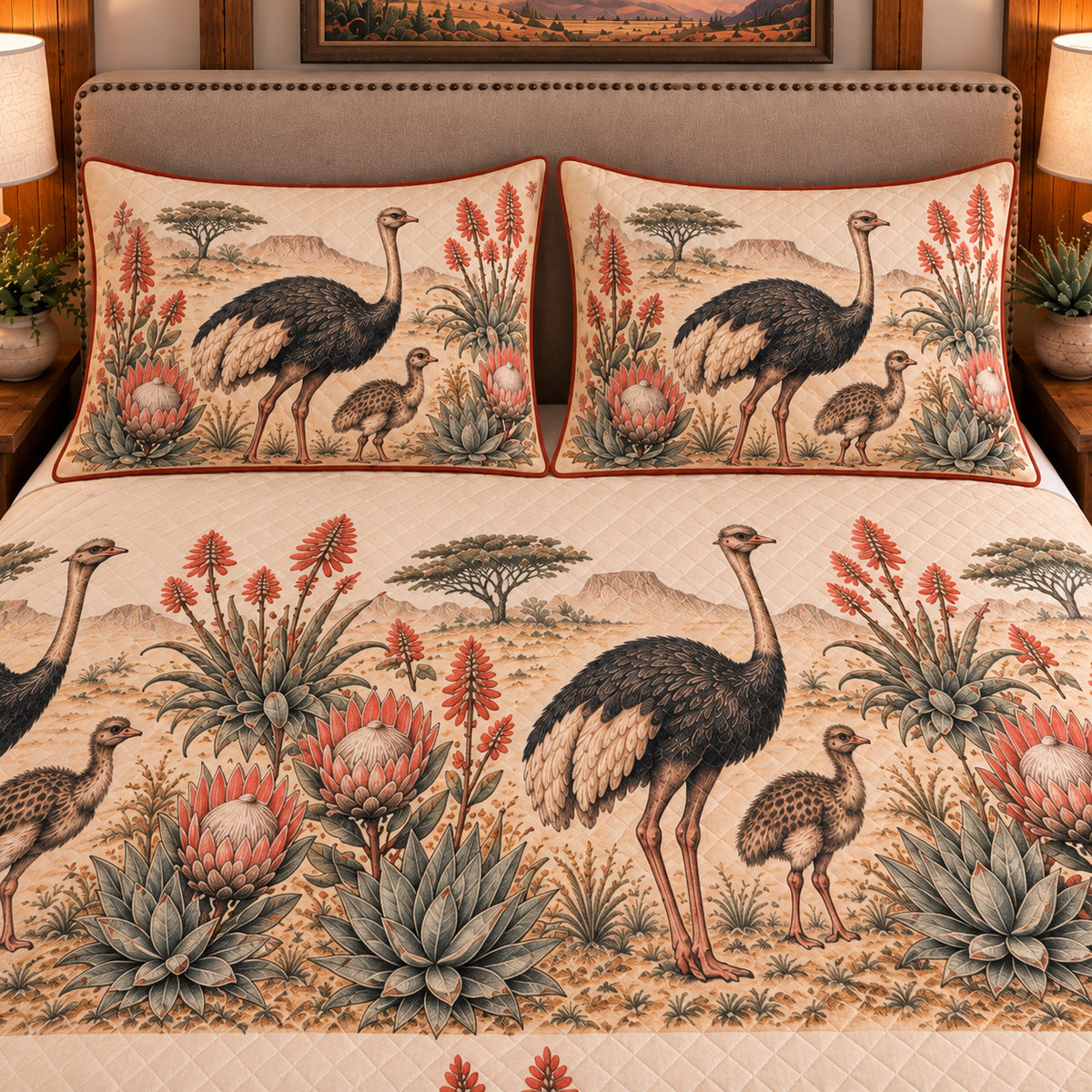 Ostrich Vintage Field Guide quilt set — close-up