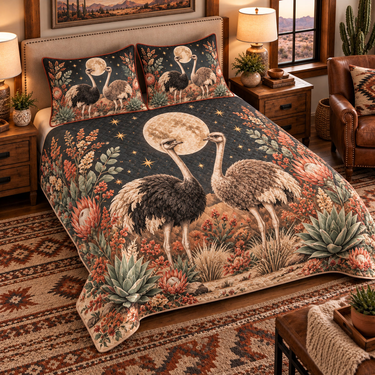 Ostrich Moonlit Folk Farm quilt set — left angle hero