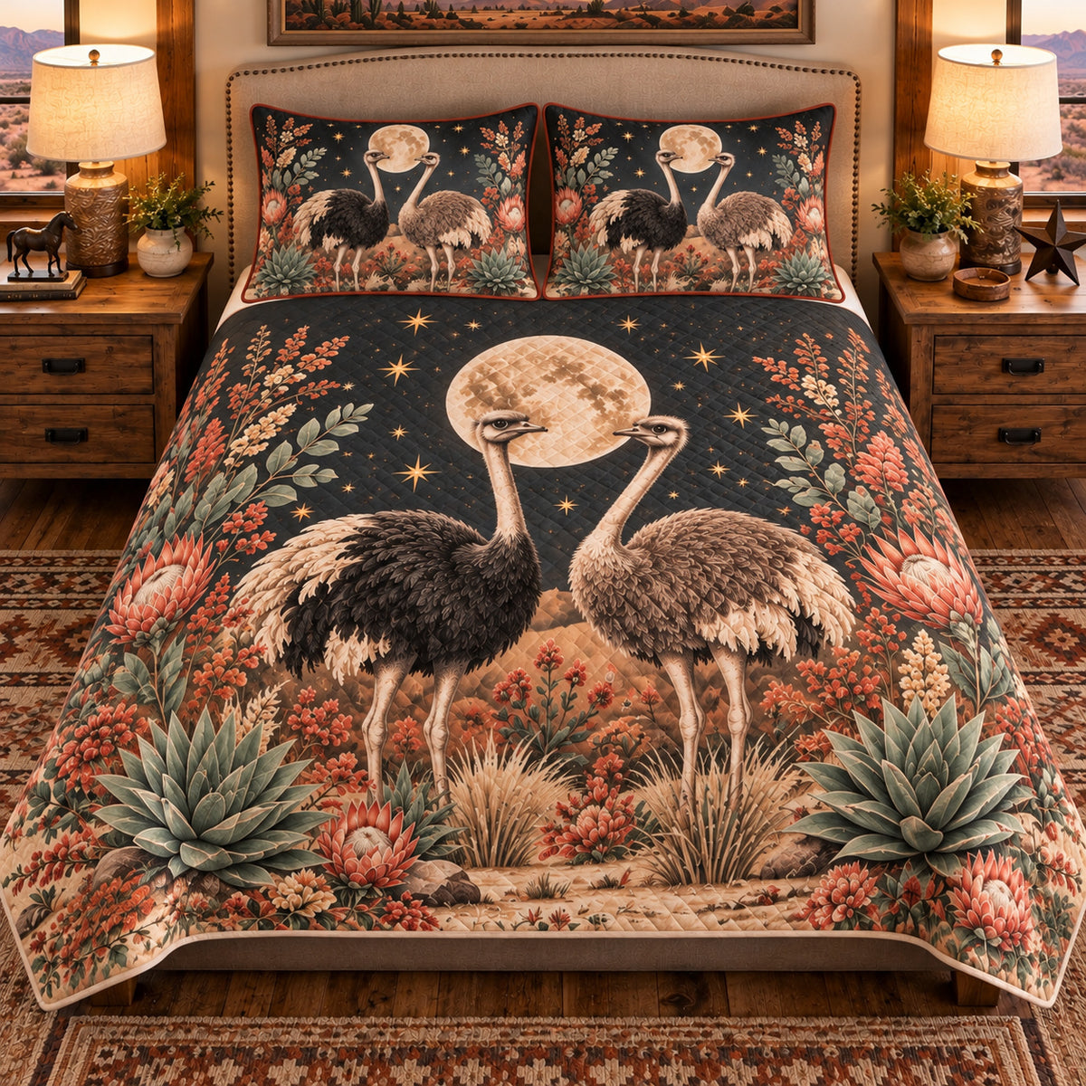 Ostrich Moonlit Folk Farm quilt set — front view