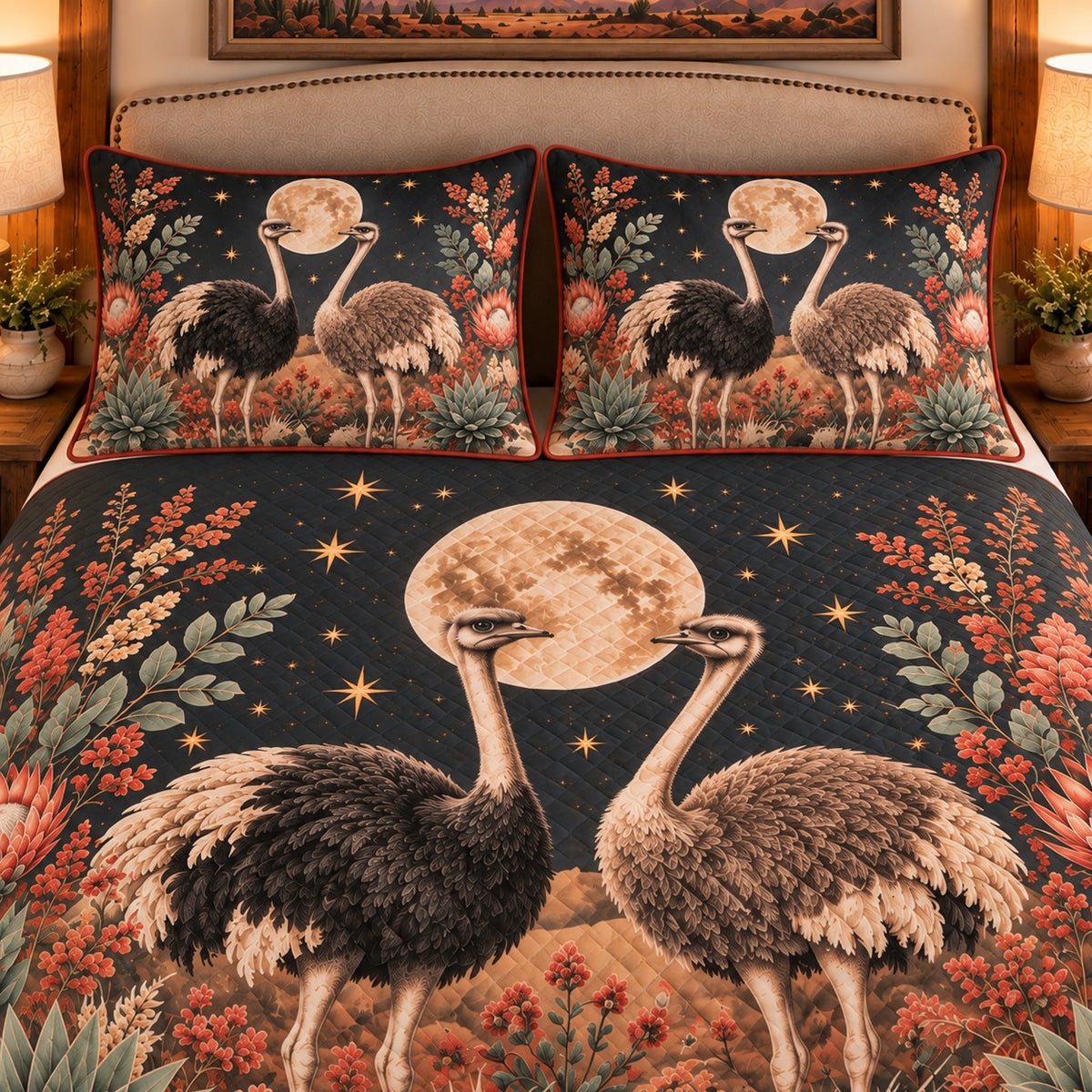 Ostrich Moonlit Folk Farm quilt set — close-up