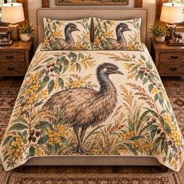 Emu Botanical Portrait Quilt Set, Farmhouse Bedding Gift for Animal Lovers