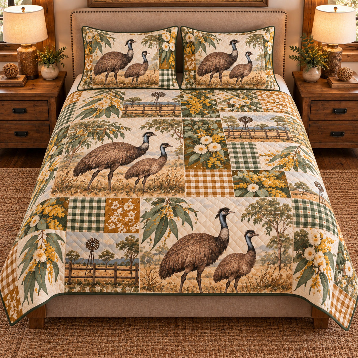 Emu Farmhouse Patchwork quilt set — front view