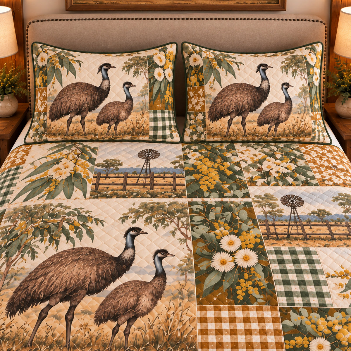 Emu Farmhouse Patchwork quilt set — close-up