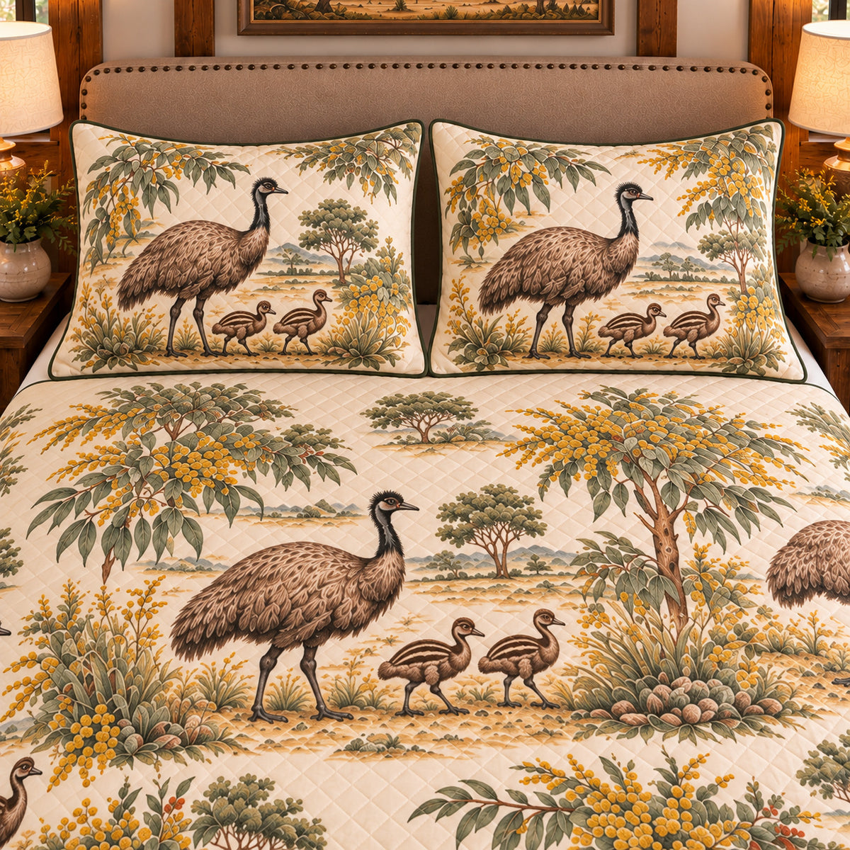 Emu Country Toile quilt set — close-up