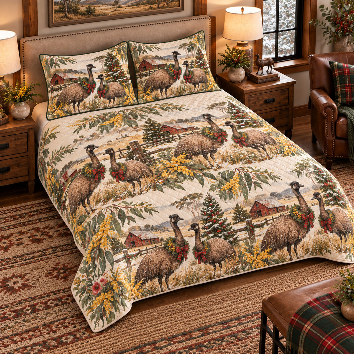 Emu Christmas Farm quilt set — left angle hero