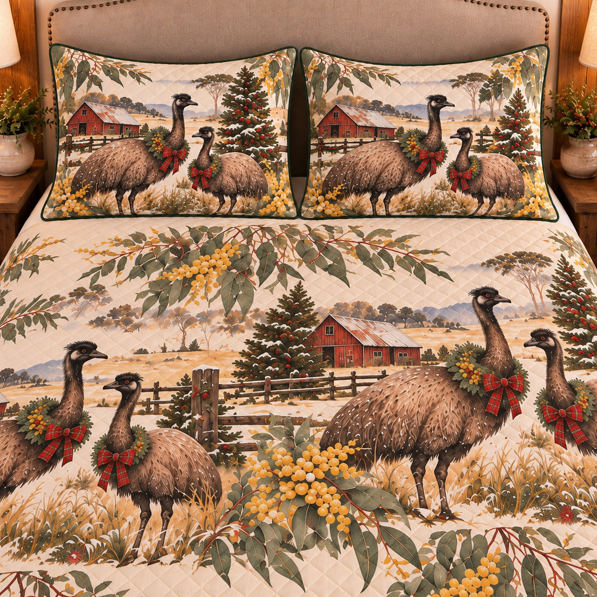 Emu Christmas Farm quilt set — close-up