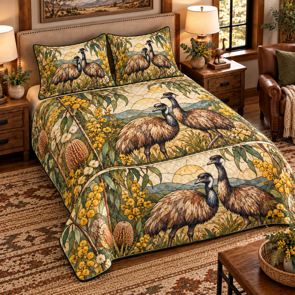 Emu Stained Glass Garden quilt set — left angle hero
