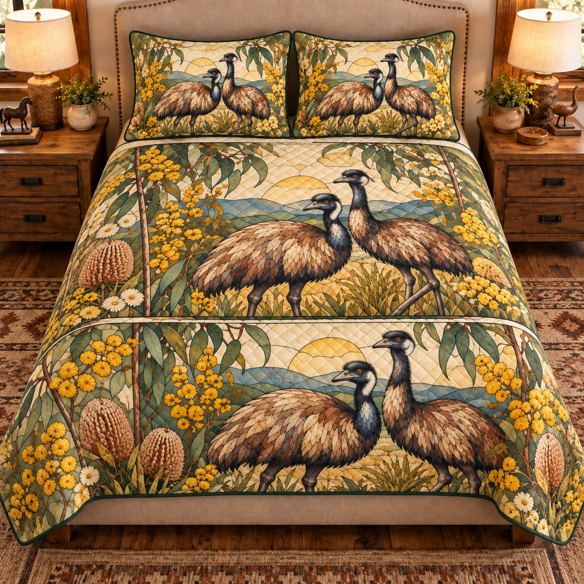 Emu Stained Glass Garden quilt set — front view