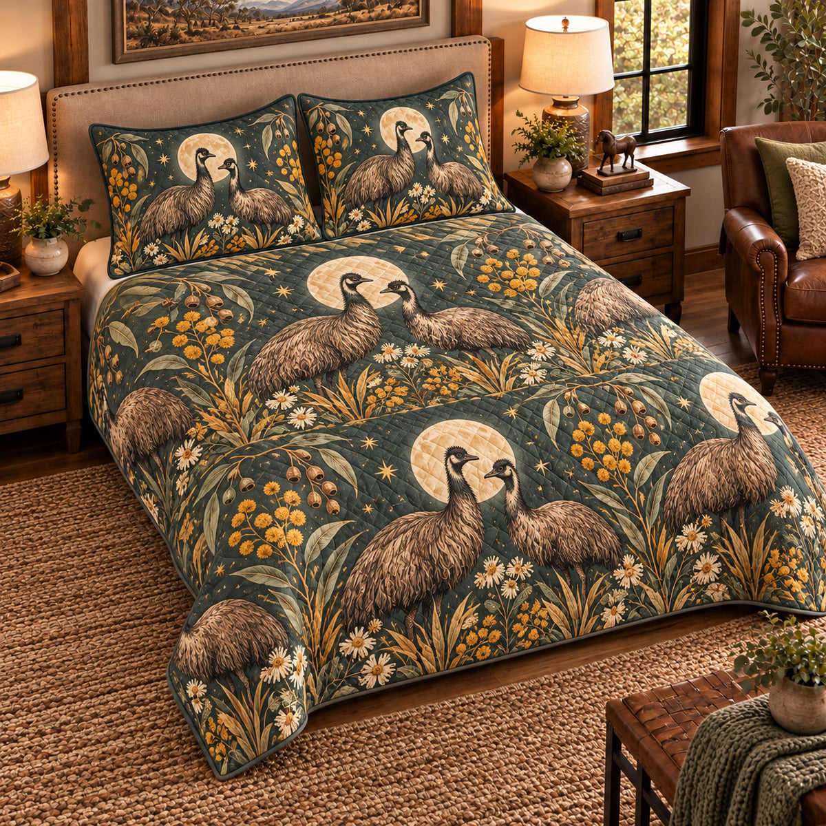 Emu Moonlit Folk Farm quilt set — left angle hero