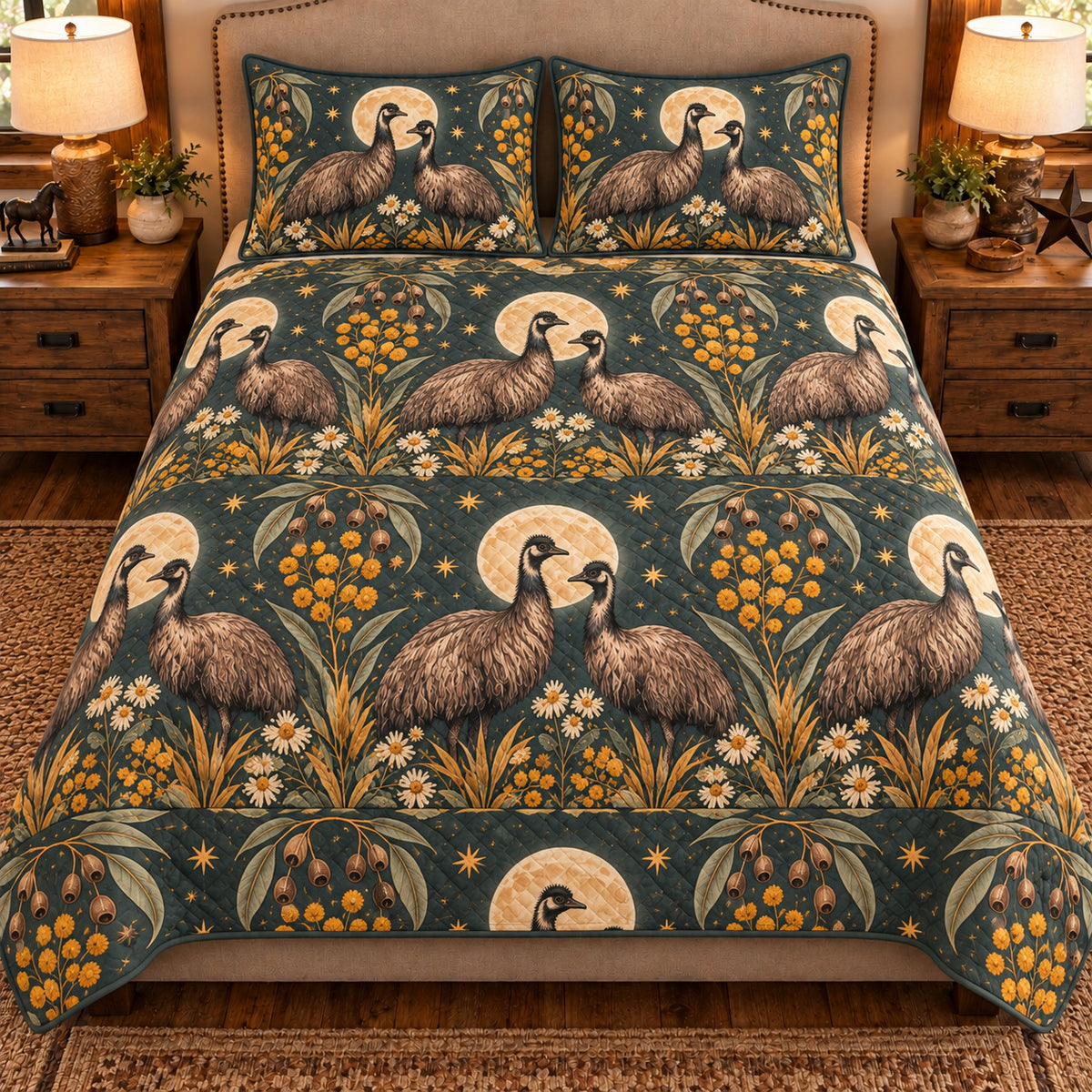 Emu Moonlit Folk Farm quilt set — front view