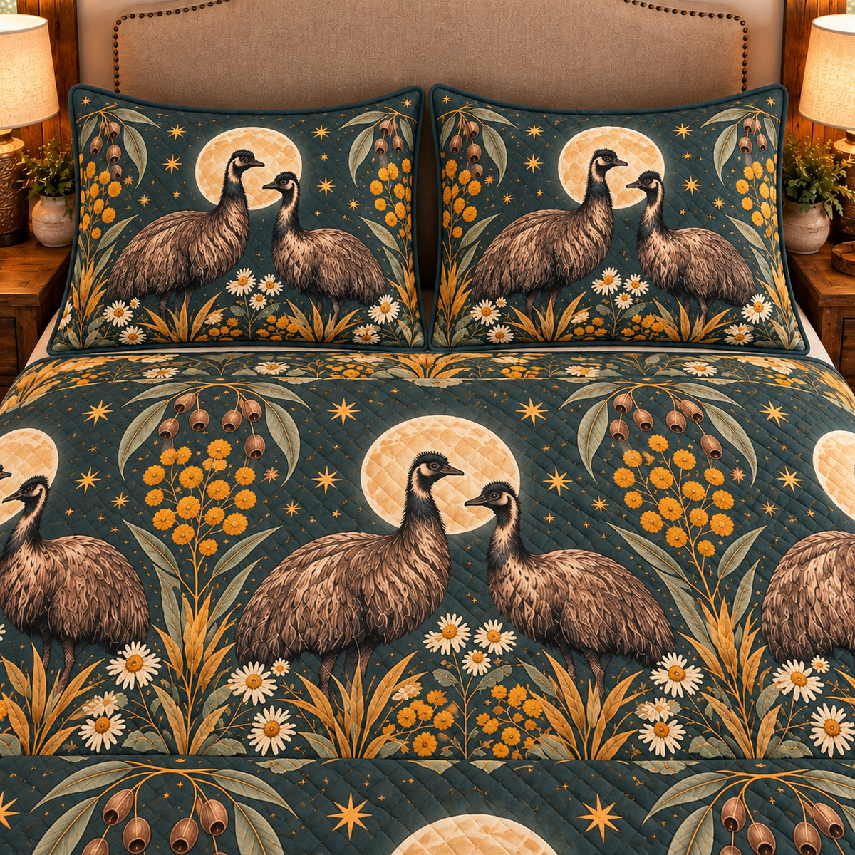 Emu Moonlit Folk Farm quilt set — close-up