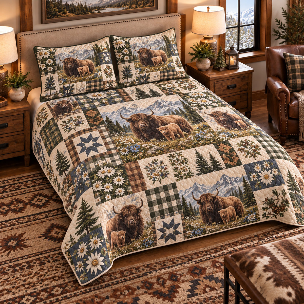 Yak Farmhouse Patchwork quilt set — left angle hero