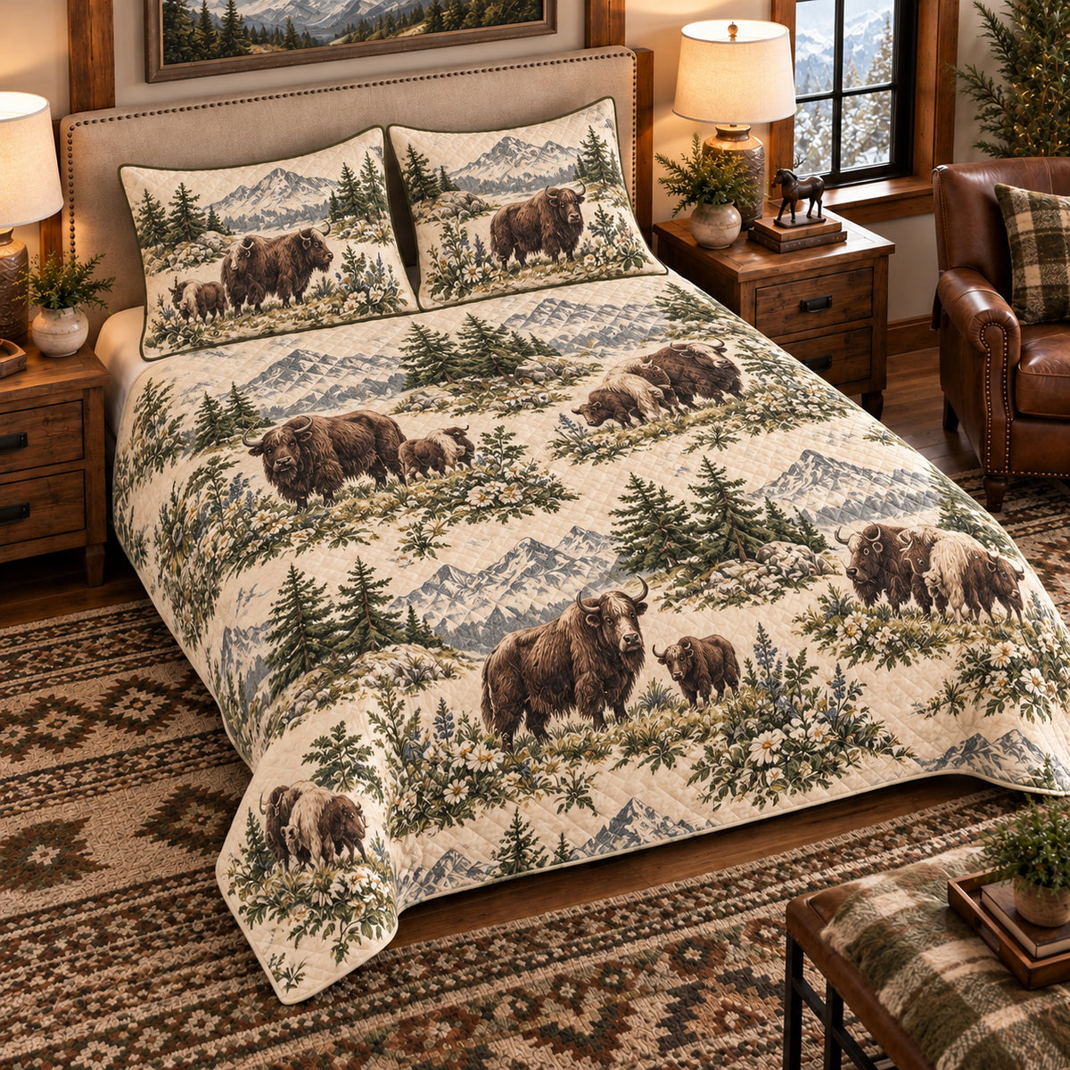 Yak Country Toile quilt set — left angle hero