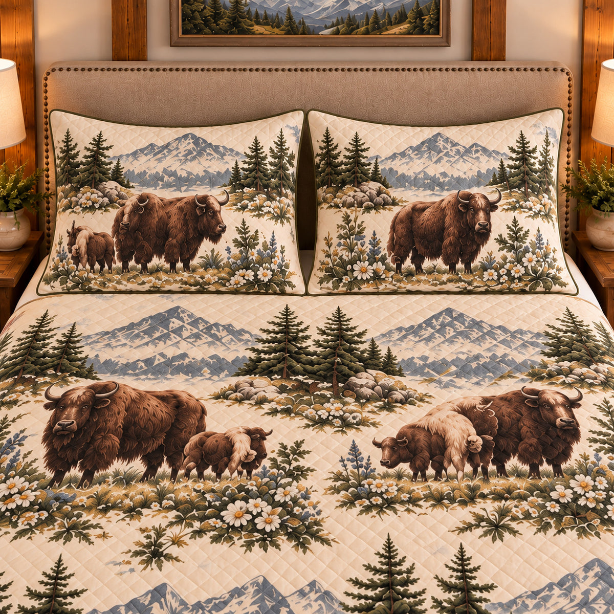 Yak Country Toile quilt set — close-up