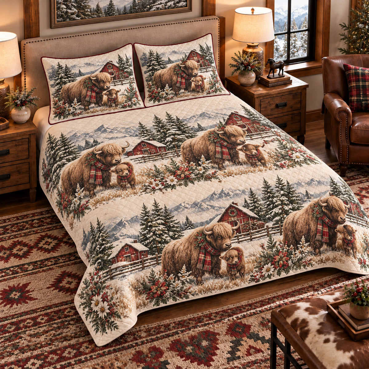 Yak Christmas Farm quilt set — left angle hero