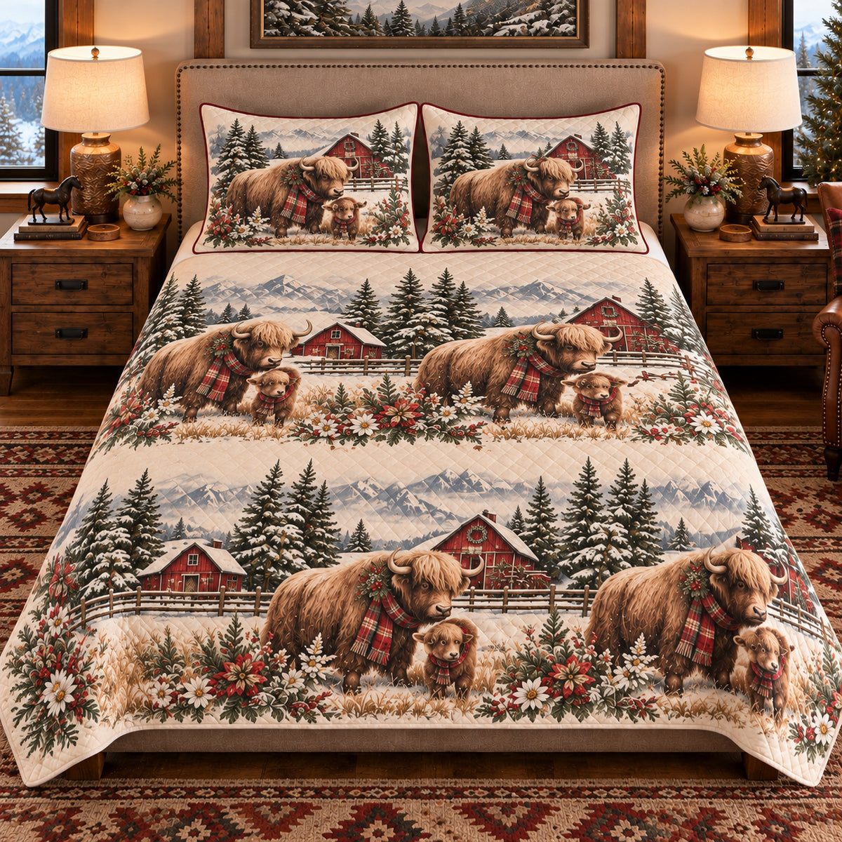 Yak Christmas Farm quilt set — front view