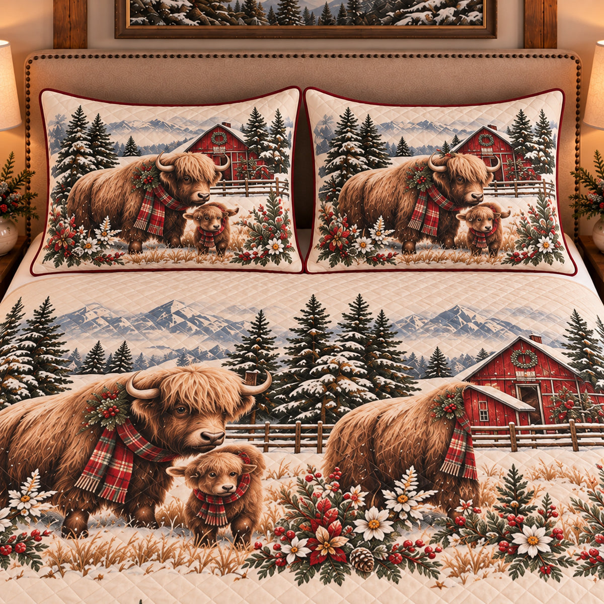 Yak Christmas Farm quilt set — close-up