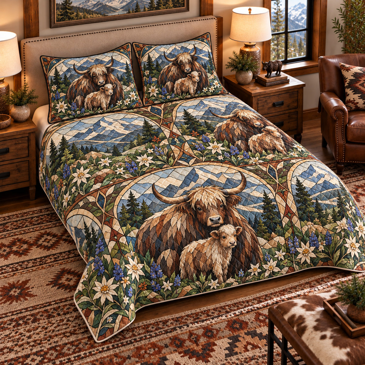 Yak Stained Glass Garden quilt set — left angle hero
