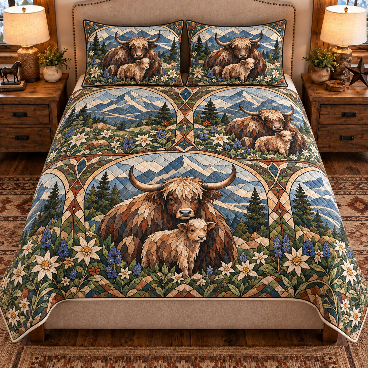Yak Stained Glass Garden quilt set — front view