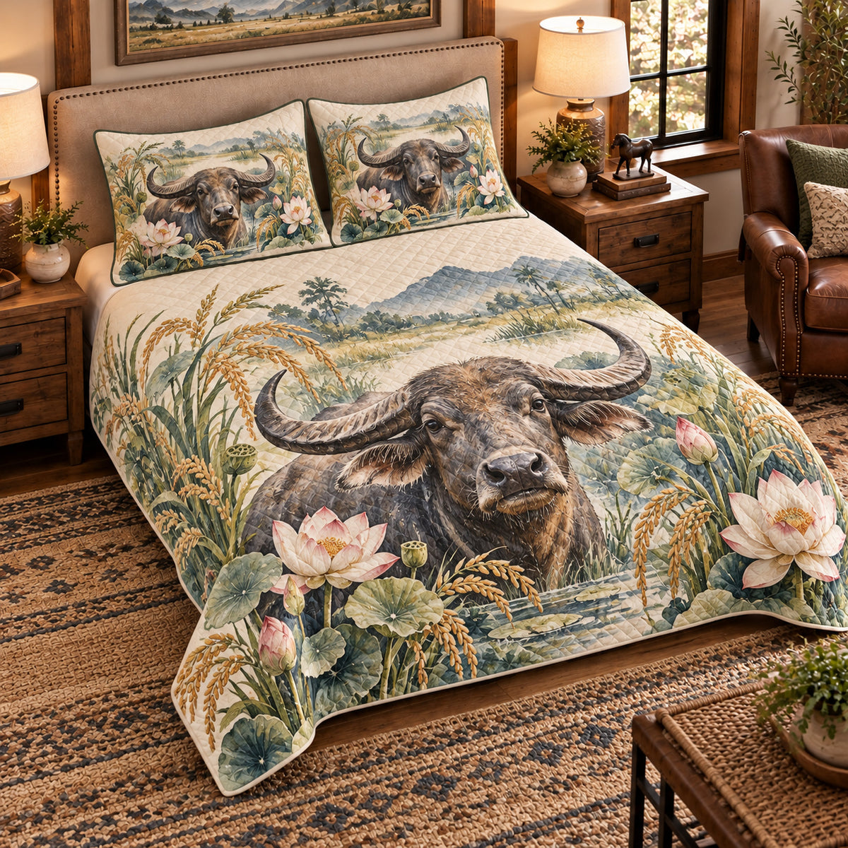 Water Buffalo Botanical Portrait quilt set — left angle hero