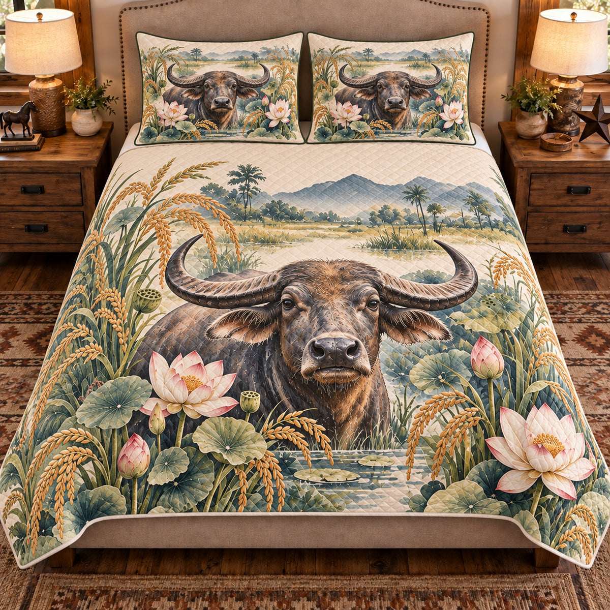 Water Buffalo Botanical Portrait quilt set — front view