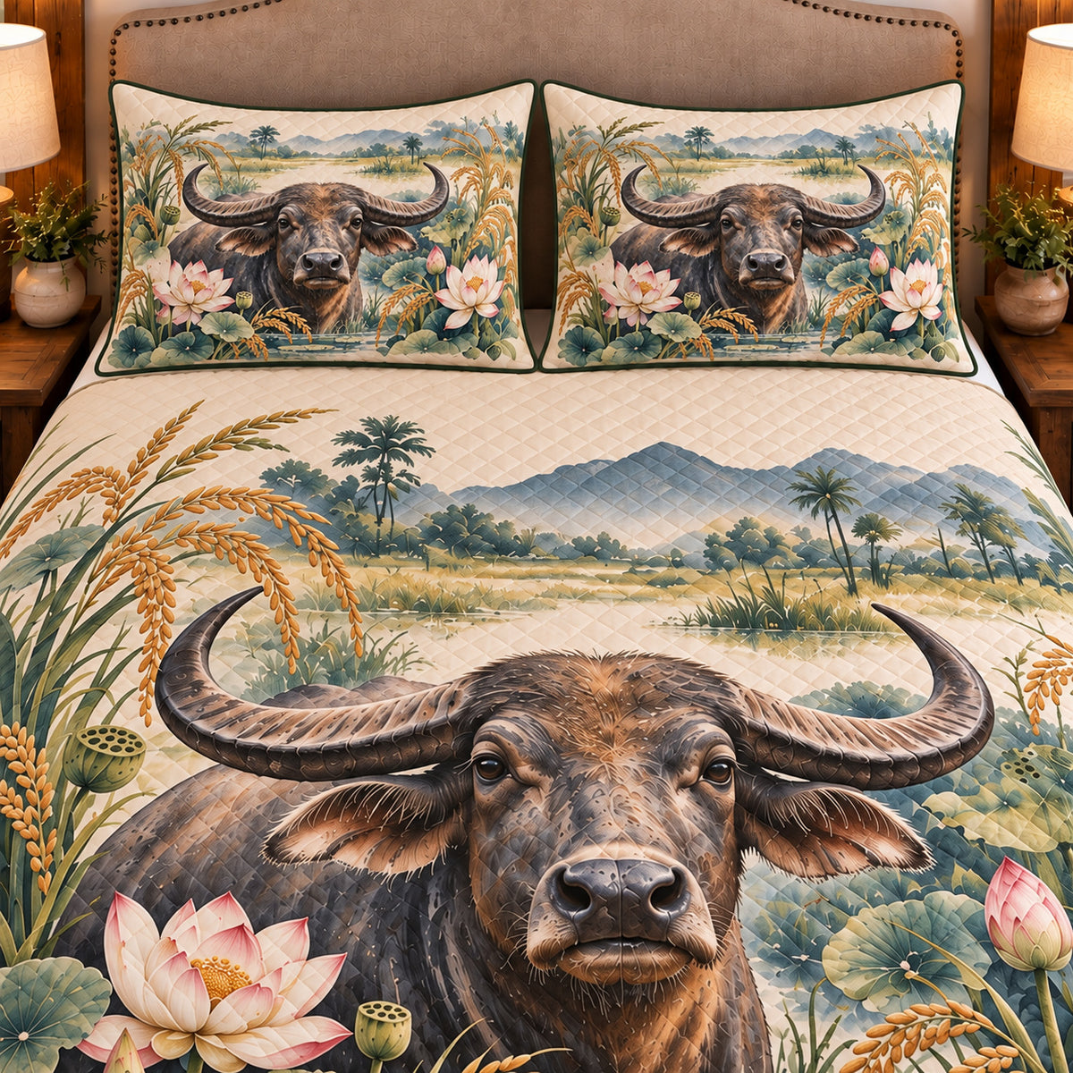 Water Buffalo Botanical Portrait quilt set — close-up