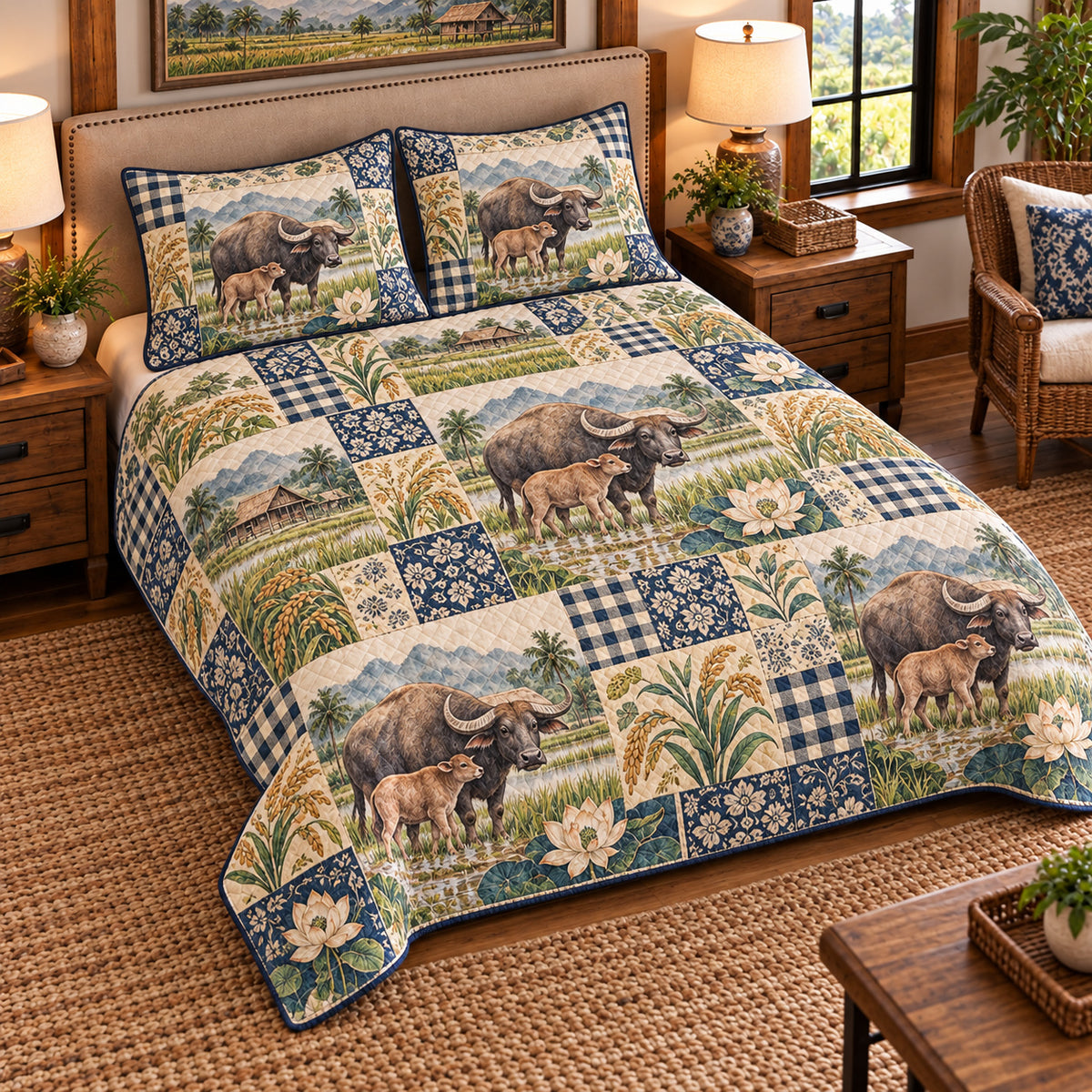 Water Buffalo Farmhouse Patchwork quilt set — left angle hero