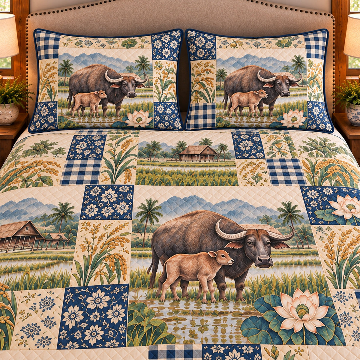 Water Buffalo Farmhouse Patchwork quilt set — close-up