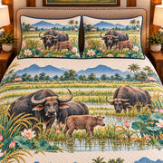 Water Buffalo Wildflower Meadow quilt set — close-up