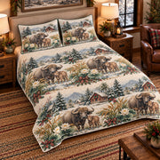 Water Buffalo Christmas Farm quilt set — left angle hero