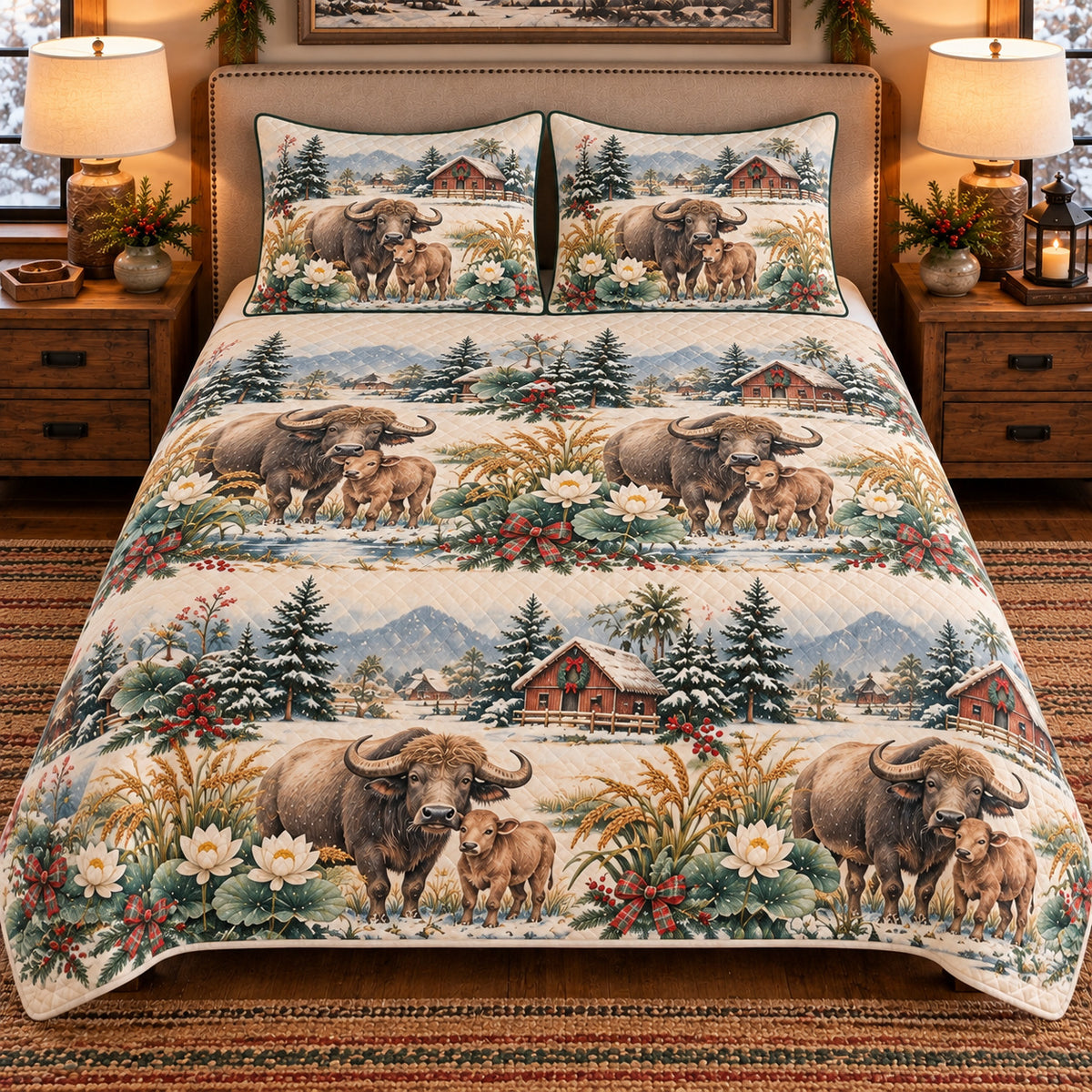 Water Buffalo Christmas Farm quilt set — front view