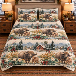 Water Buffalo Christmas Farm Quilt Set, Farmhouse Bedding Gift for Animal Lovers