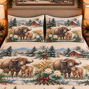 Water Buffalo Christmas Farm quilt set — close-up
