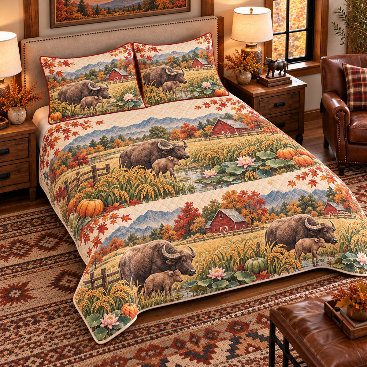Water Buffalo Autumn Harvest quilt set — left angle hero