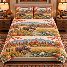 Water Buffalo Autumn Harvest Quilt Set, Farmhouse Bedding Gift for Animal Lovers