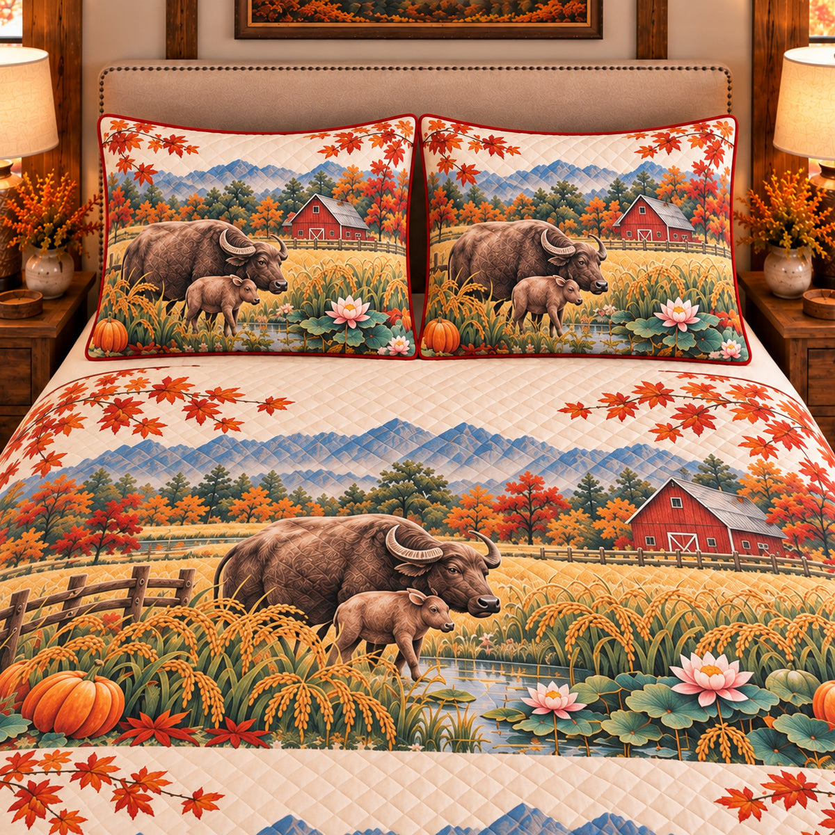 Water Buffalo Autumn Harvest quilt set — close-up