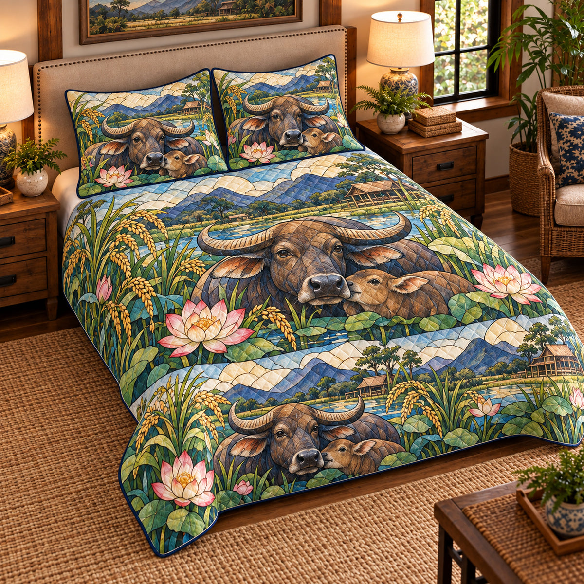 Water Buffalo Stained Glass Garden quilt set — left angle hero